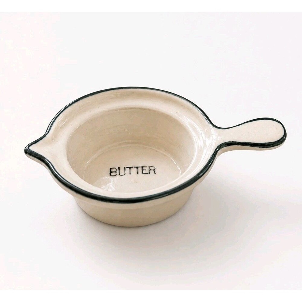 Ceramic Butter Melting Pot Dipping Dish With Spout & Handle White Black Rim